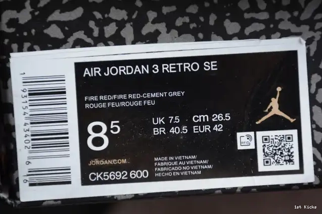 1st Kicks Air Red Jordan 3 Cement CK5692-600 0612